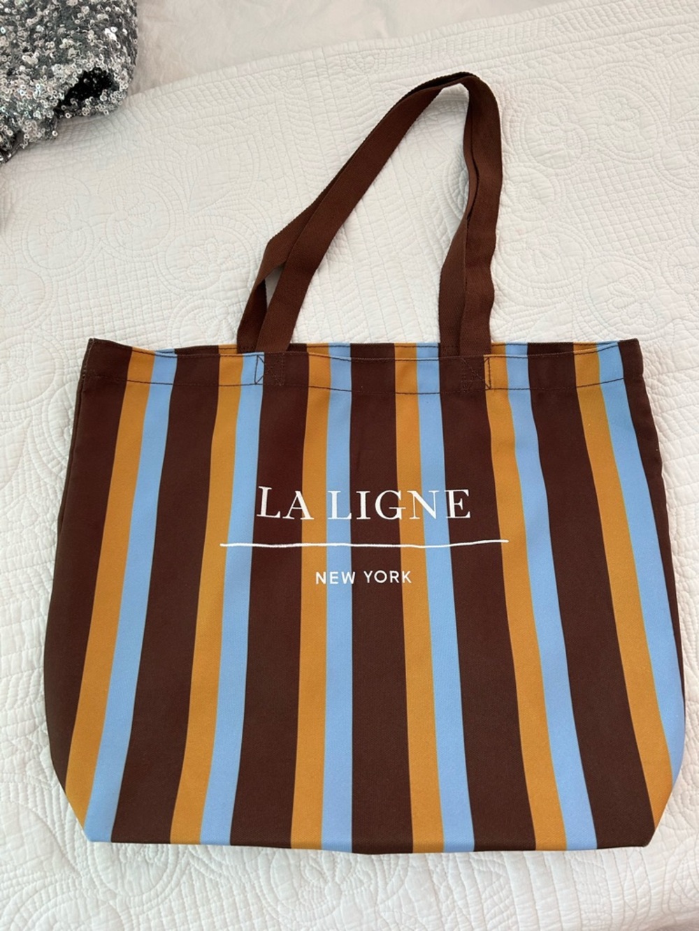 La Ligne Brown, Blue & Mustard Striped Tote Bag